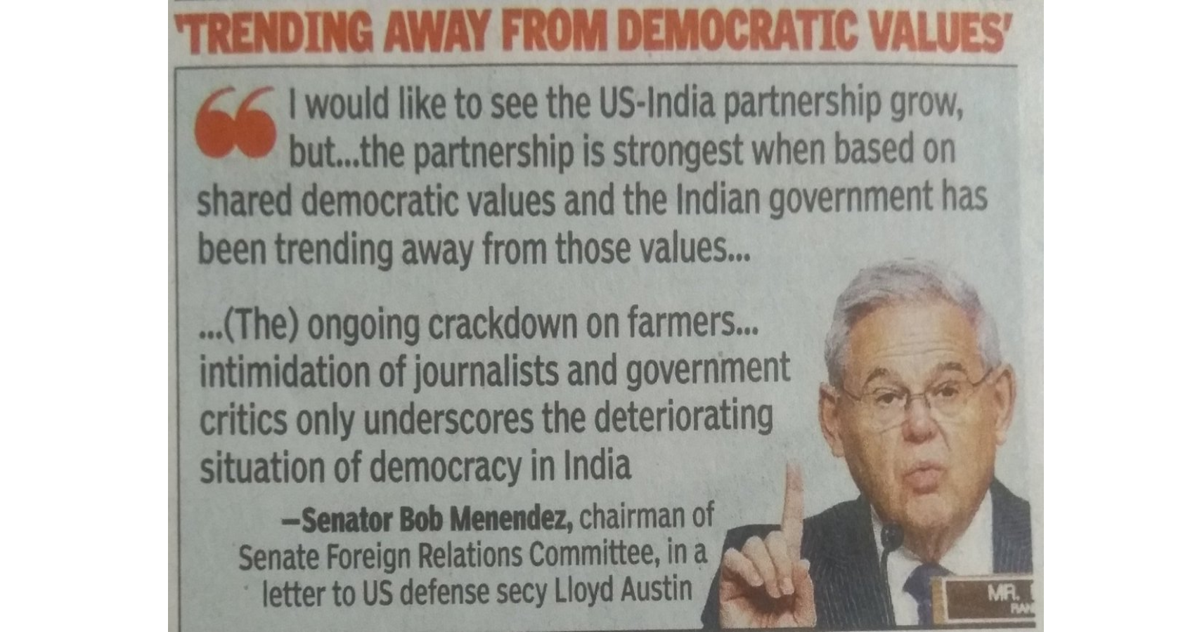 U.S. Senator Asks Lloyd Austin To Raise Concerns About Eroding Democratic Values During Visit To India