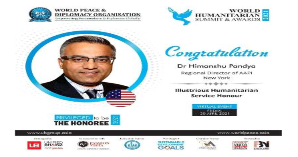 Dr. Himanshu Pandya Honored By World Peace & Diplomacy Organization