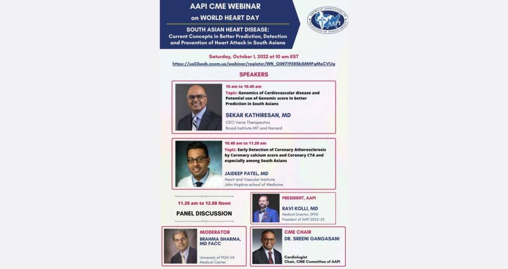 AAPI Holds Educational Webinar On South Asian Heart Disease: Current Concepts in Better Prediction, Detection and Prevention of Heart Attack in South Asians
