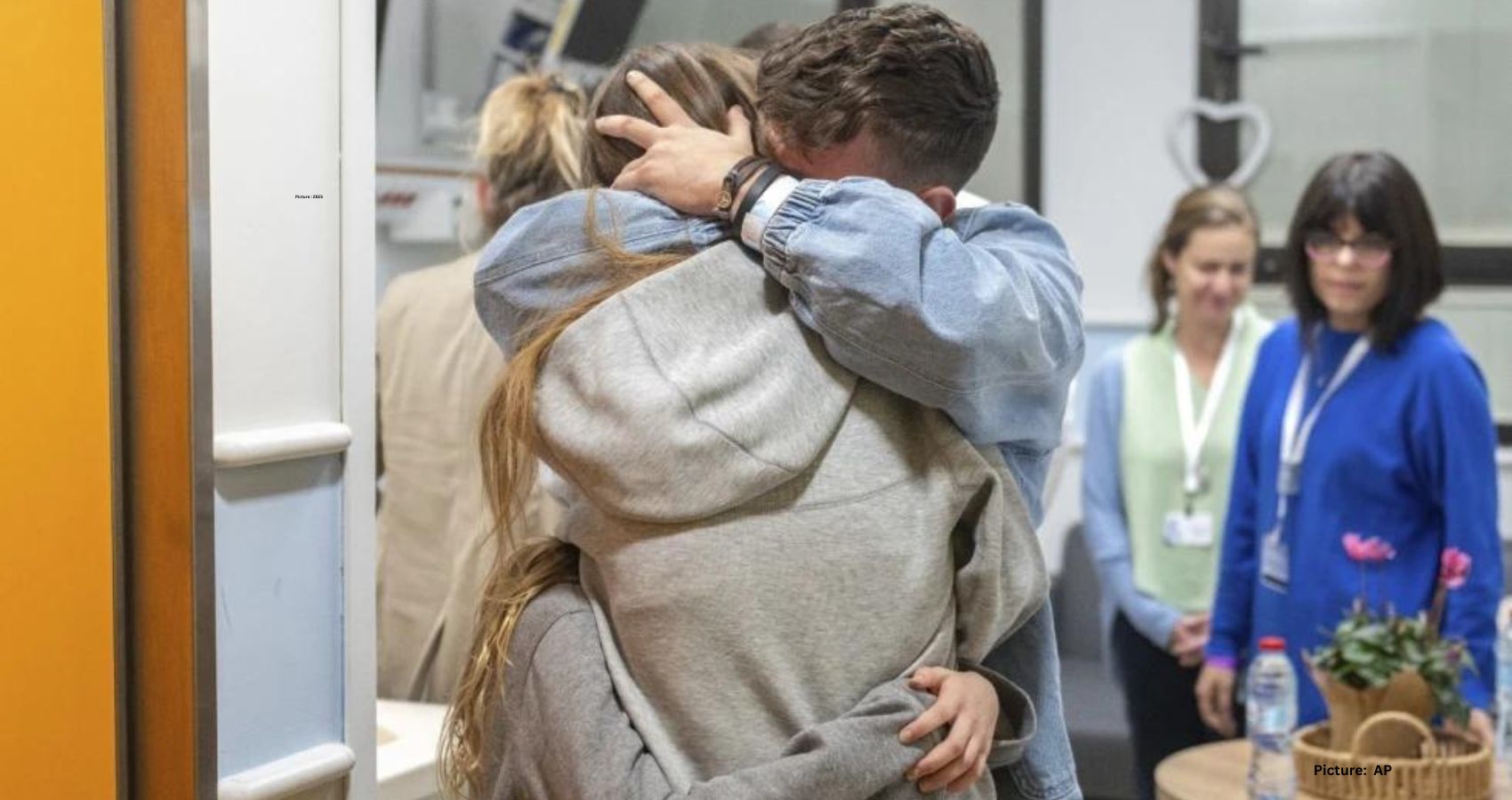 Featured & Cover This handout photo provided by GPO on Friday Dec 1 2023 shows Israeli released hostage Mia Shem reuniting with her family at Sheba Medical Center in Tel Hashomer Ramat Gan