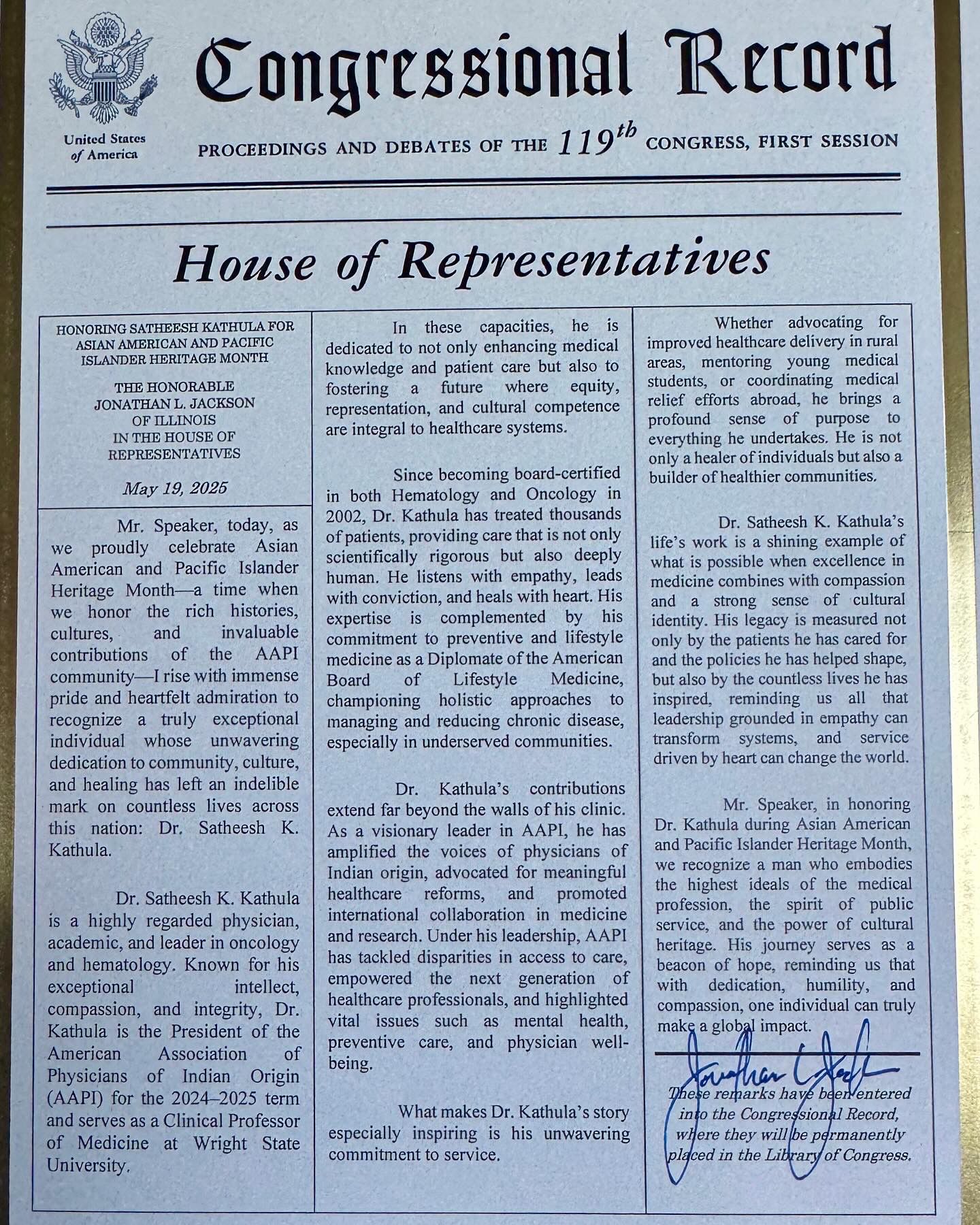 Dr. Satish Kathula Honored By The US Congress During Asian American And Pacific Islander Heritage Month