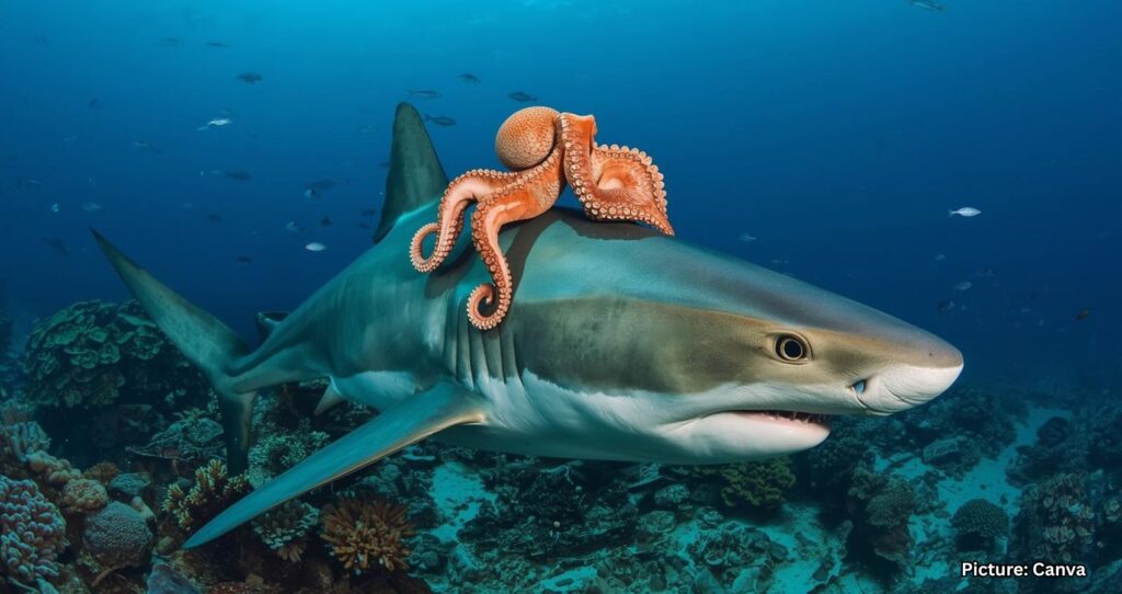 Featured & Cover Rare Sighting of Octopus Riding Shark Captured on Camera
